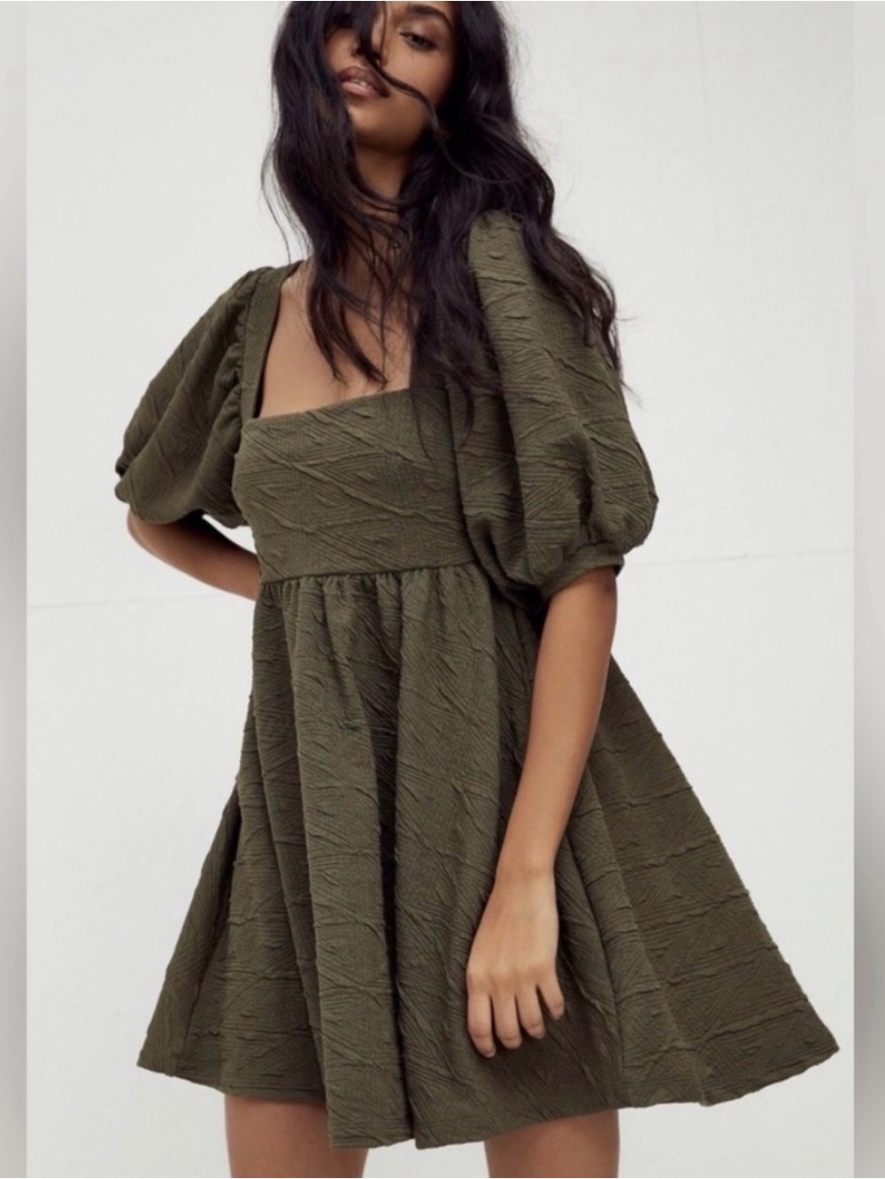 Free People Olive Textured Puff-Sleeve Mini Dress